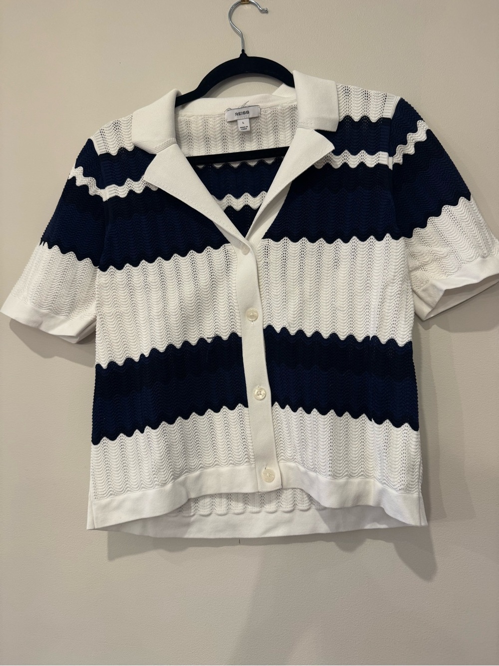 Reiss Navy & White Short-Sleeve Button-Front Knit Polo